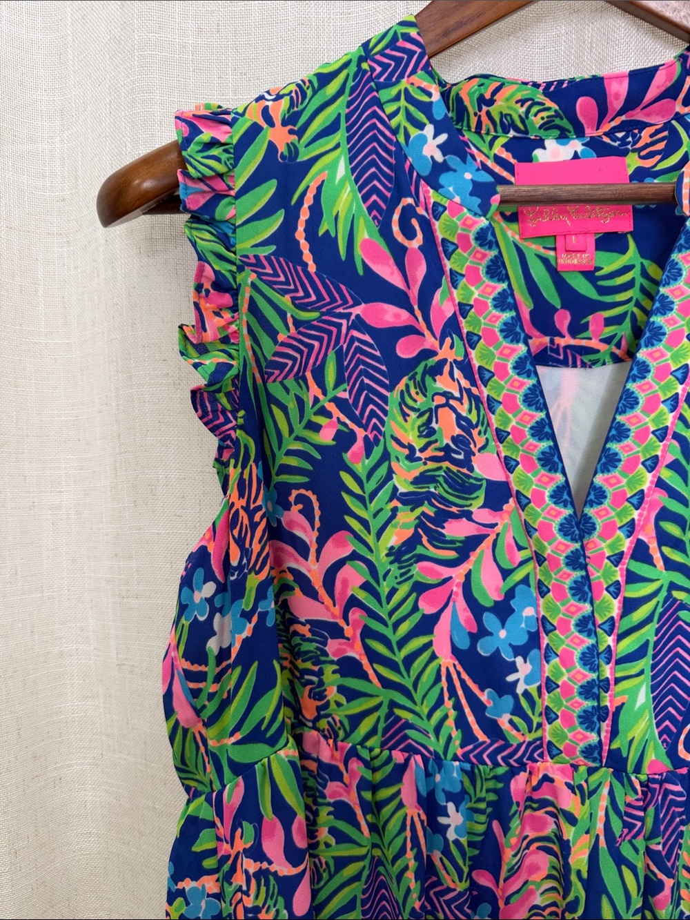 Lilly Pulitzer Sleeveless Blue & Pink Tropical Print Tiered Dress Size Large - Picture 3 of 14
